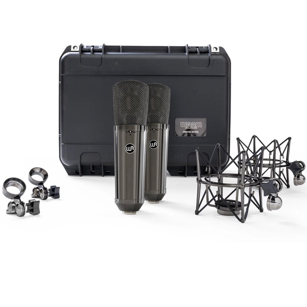 Two black microphones with logos, shock mounts, clips, and a black carrying case with a label.