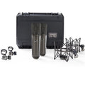 Two black microphones with logos, shock mounts, clips, and a black carrying case with a label.