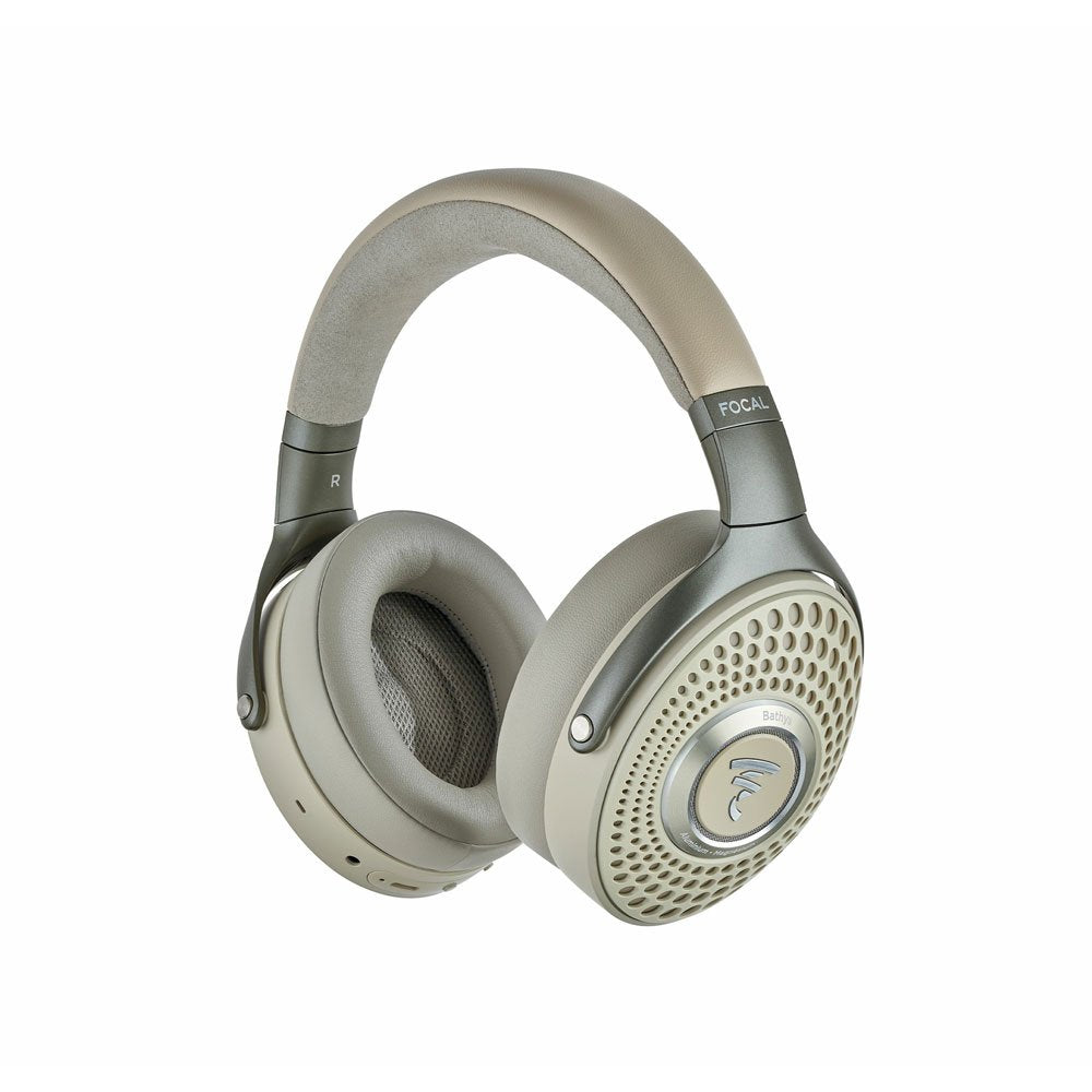 Over-ear beige and grey headphones with perforated ear cups and cushioned headband and ear pads.