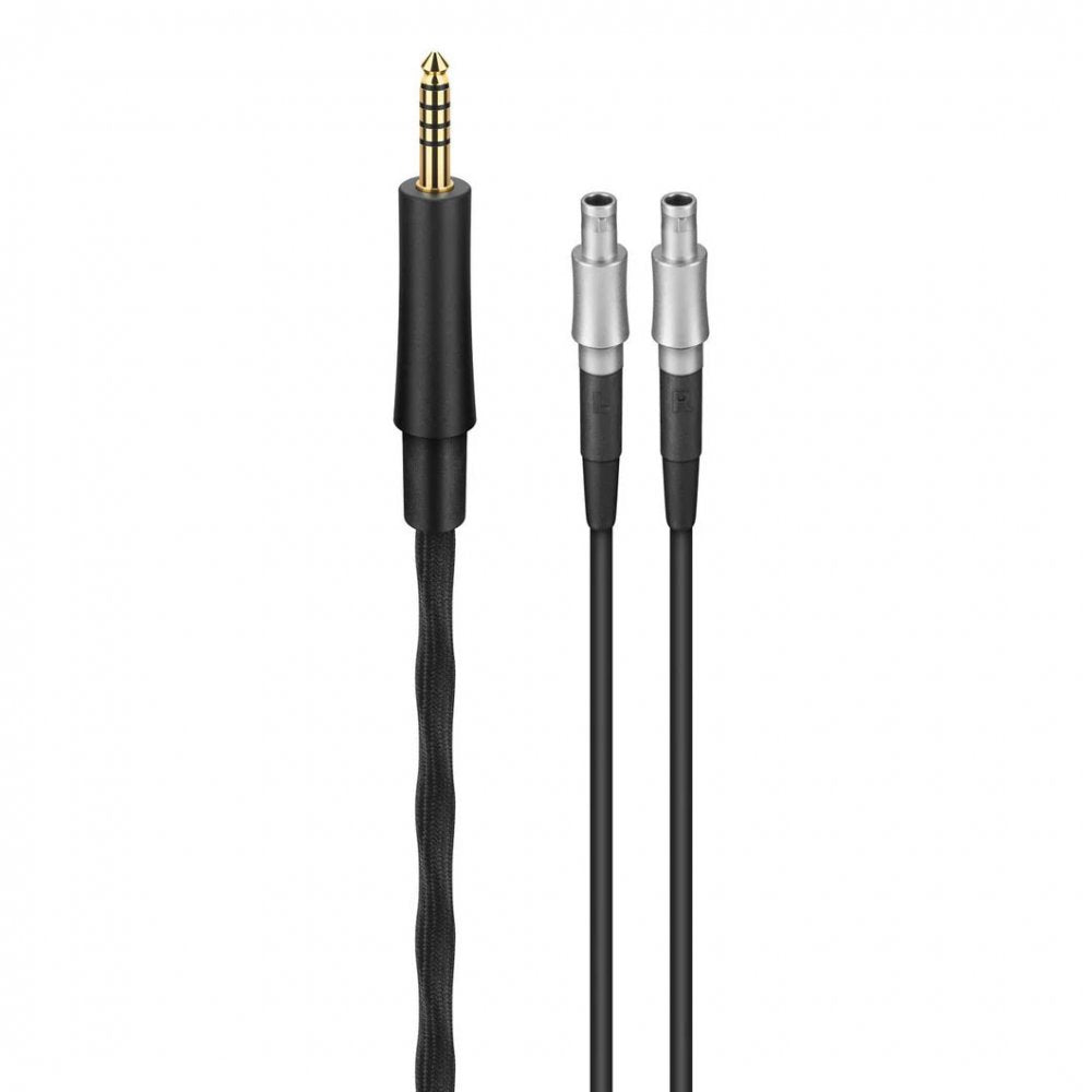 Black audio cable with a 3.5mm TRRS plug on one end and two silver mono connectors on the other.