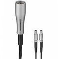Silver and black Sennheiser audio cable with one 3-pin female and two 2-pin male connectors.