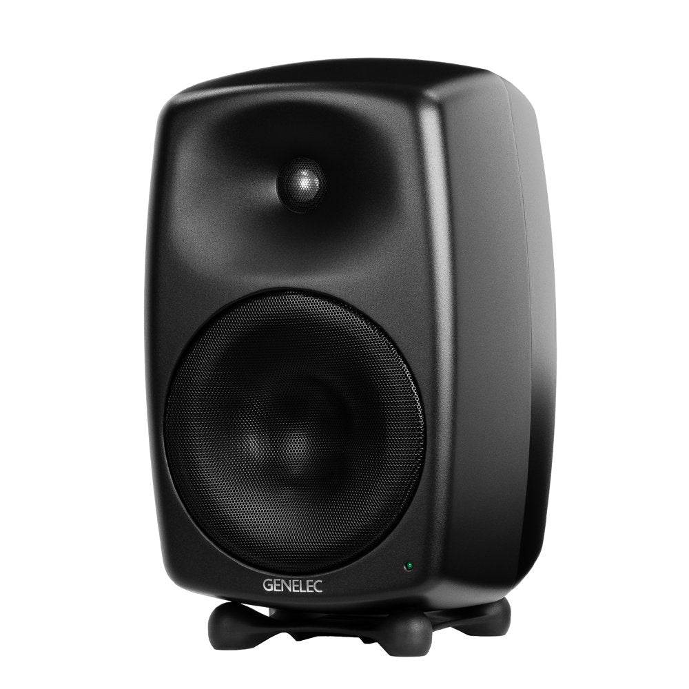 Black studio monitor speaker with brand name Genelec on the front and a protective mesh grille on the driver cones.