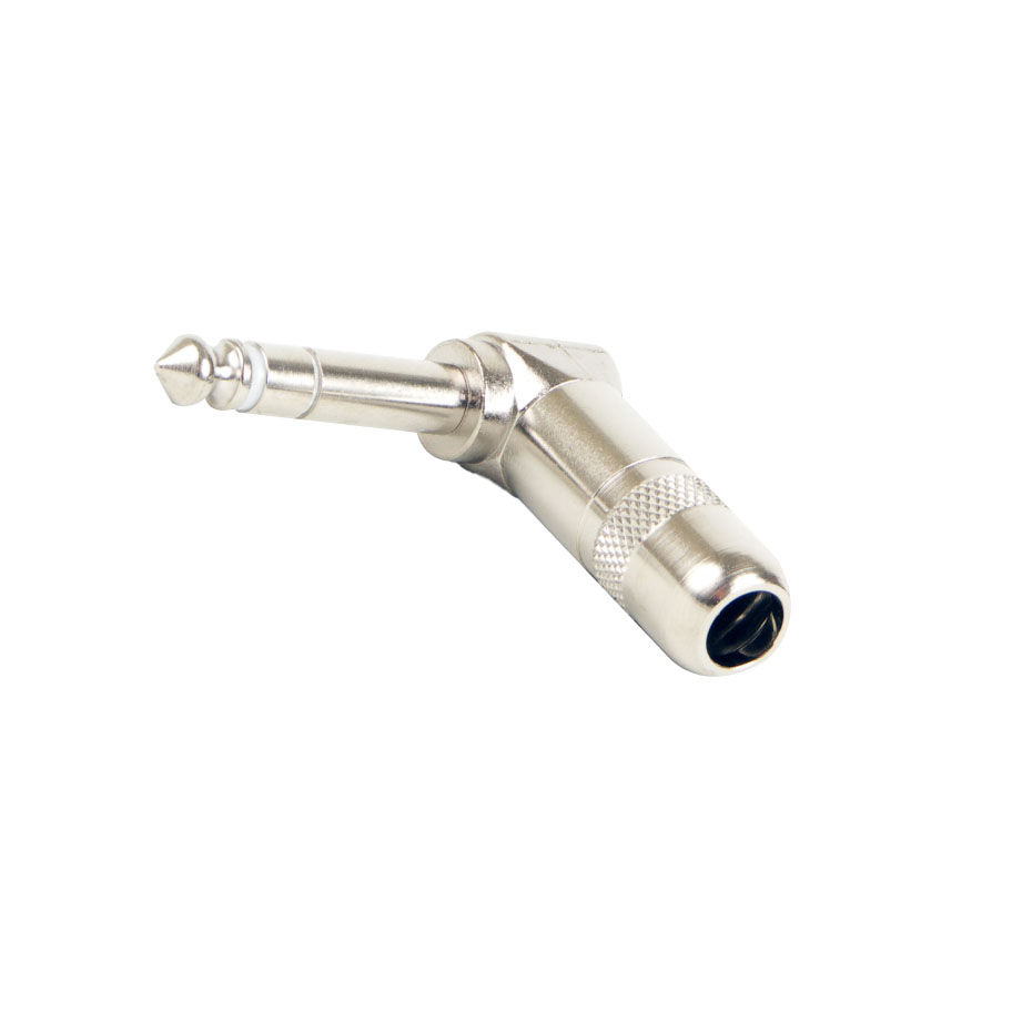 Silver-colored 1/4 inch stereo right angle plug with knurled grip and white insulation ring.