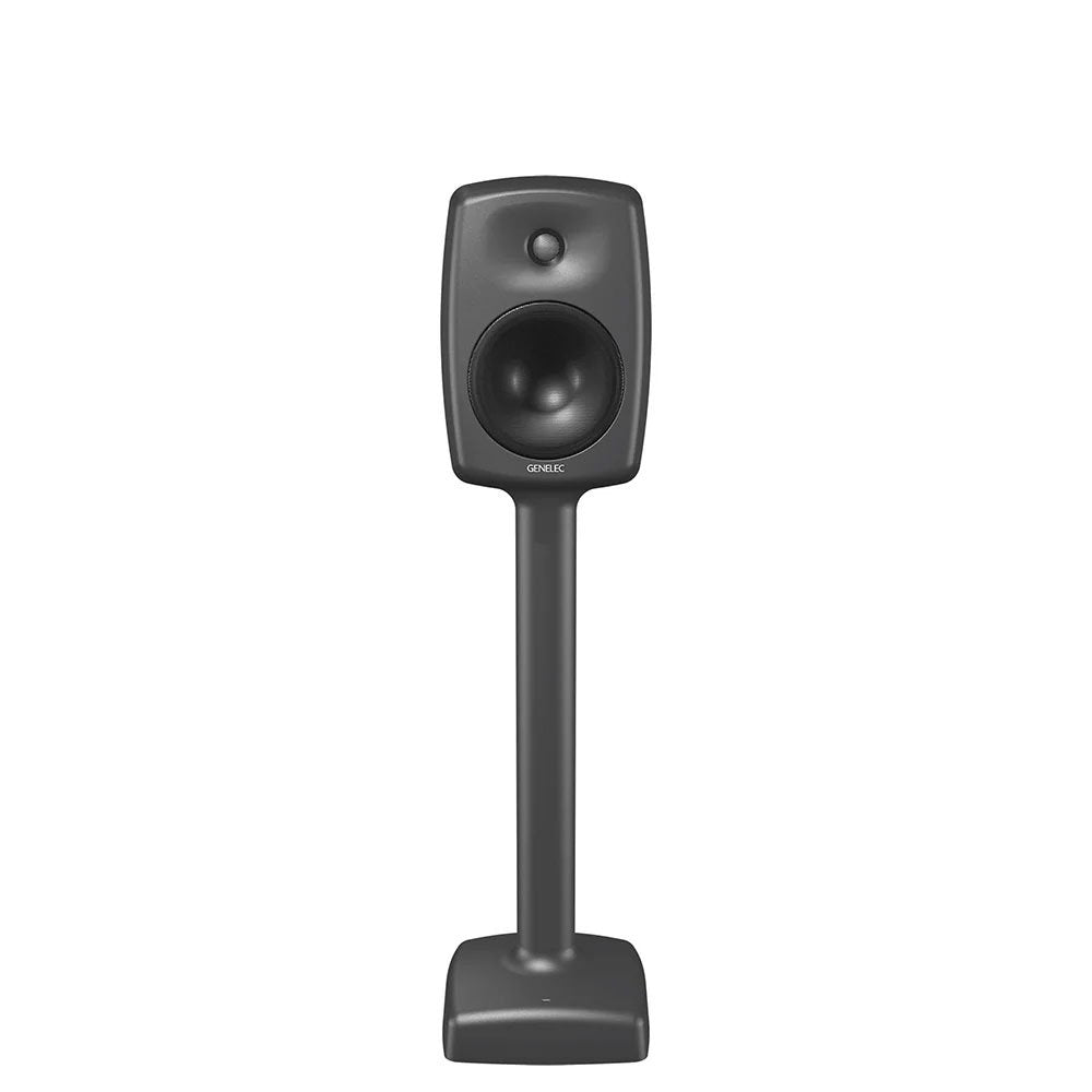 Black studio monitor speaker on a matching stand with visible Genelec logo on the front.