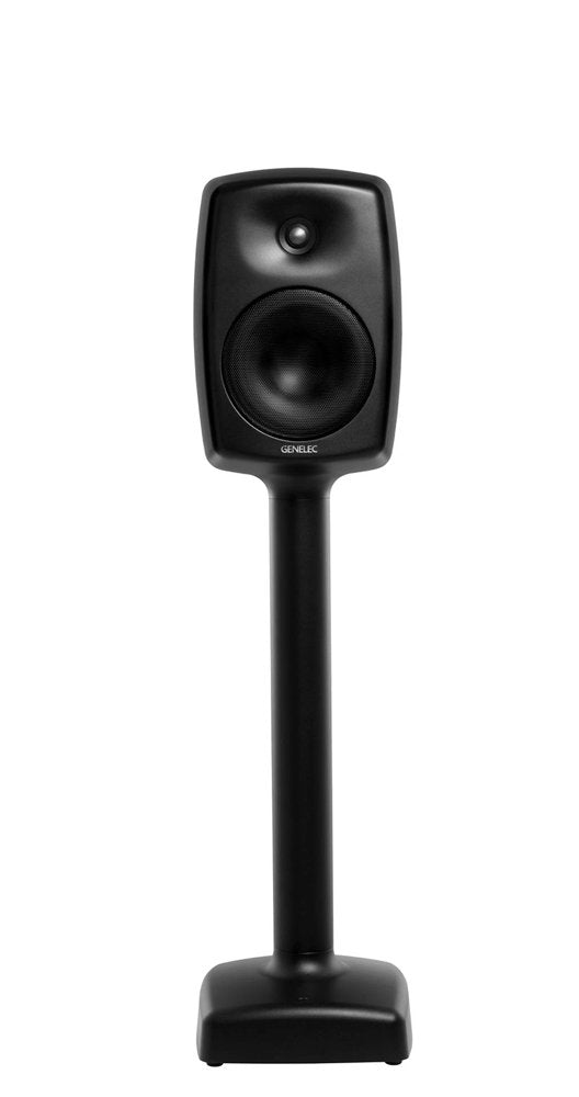 Black Genelec studio monitor speaker mounted on a matching black stand against white background.