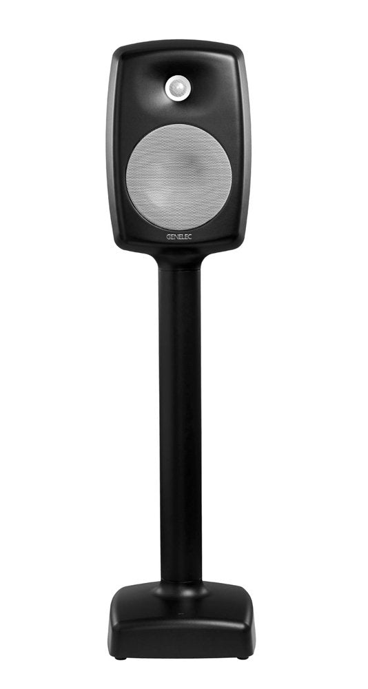 Black studio monitor speaker mounted on a black stand with a round silver speaker grille and a small circular tweeter above it.