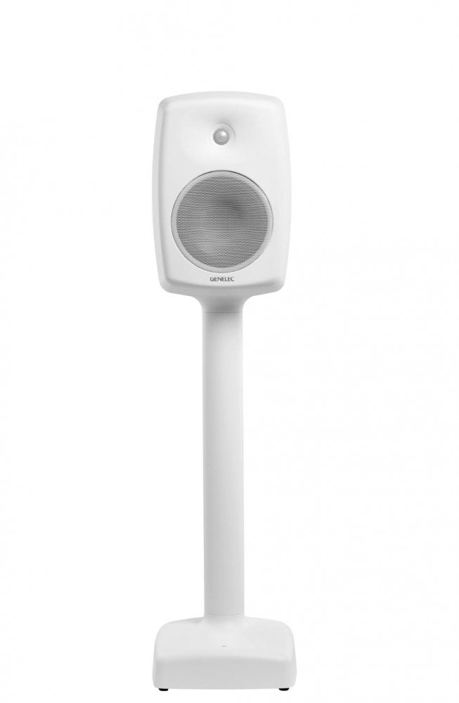 White studio monitor speaker on a matching white stand with a visible tweeter and woofer.