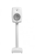 White studio monitor speaker on a matching white stand with a visible tweeter and woofer.