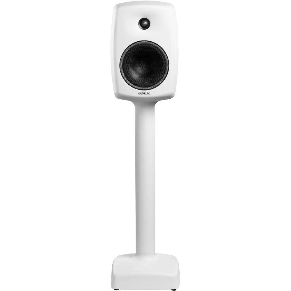 White studio monitor speaker mounted on a matching white stand against a white background.