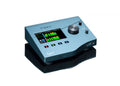 Blue audio device with color display, rotary knob, push buttons, and headphone jacks on the front side.