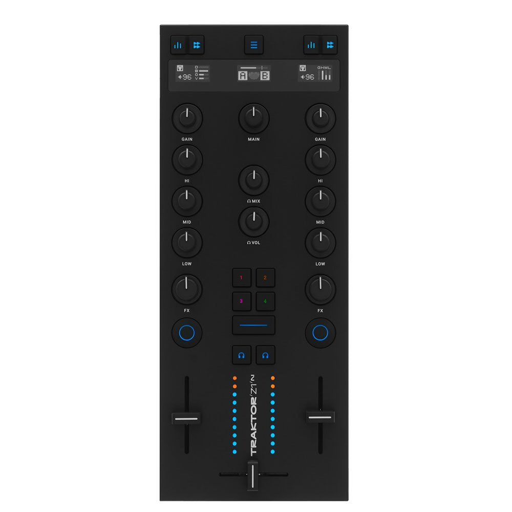 Black DJ mixer with multiple rotary knobs, sliders, buttons, and LED indicators on the front panel labeled Traktor Z1.