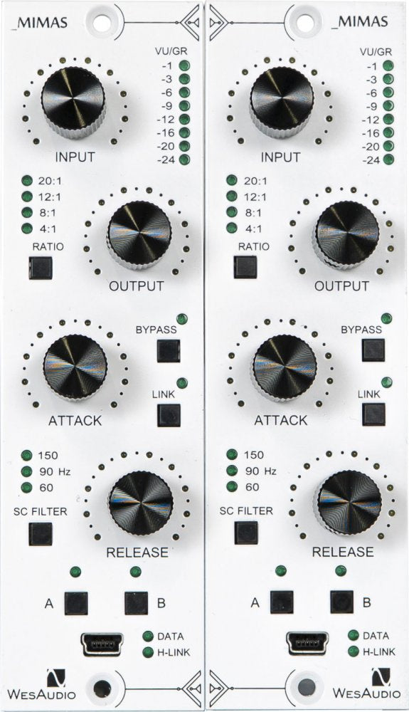 Front panel of a Mimas Gemini audio processor module with control knobs, buttons, indicator LEDs, and connectors.