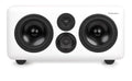 Front view of a white studio monitor with two large woofers, one midrange driver, and one tweeter speaker in black.