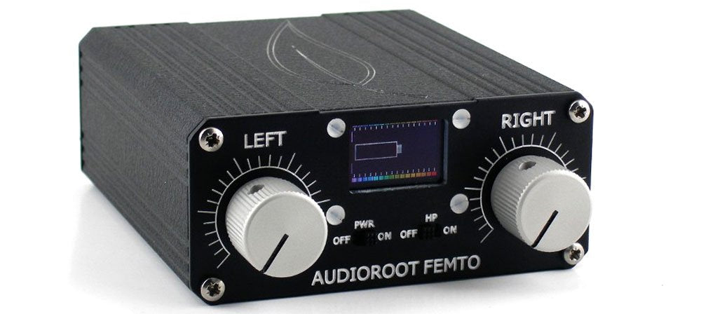 Black audio device with two large knobs labeled LEFT and RIGHT and a small screen in center showing a battery icon.