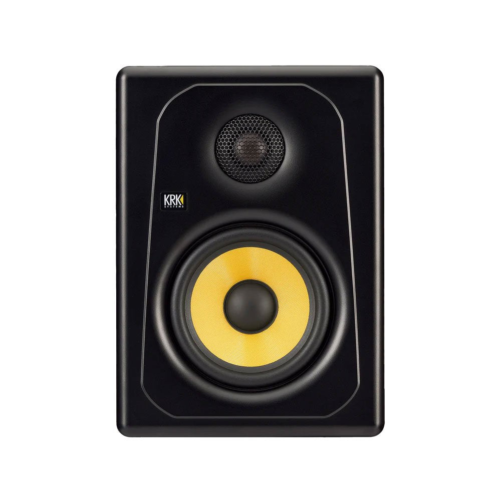 Black studio monitor speaker with yellow woofer cone and black tweeter, showing KRK Systems logo.