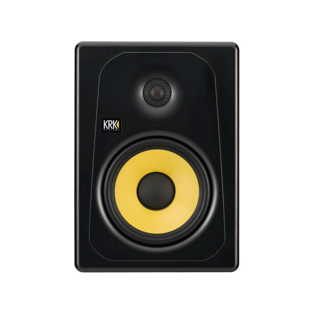 Black studio monitor with a yellow woofer and a small tweeter above it, featuring KRK Systems branding.