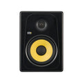Black studio monitor with a yellow woofer and a small tweeter above it, featuring KRK Systems branding.