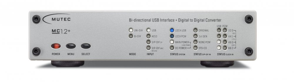 Front panel of a silver MUTEC MC1.2+ bi-directional USB and digital to digital converter with buttons and status LEDs.