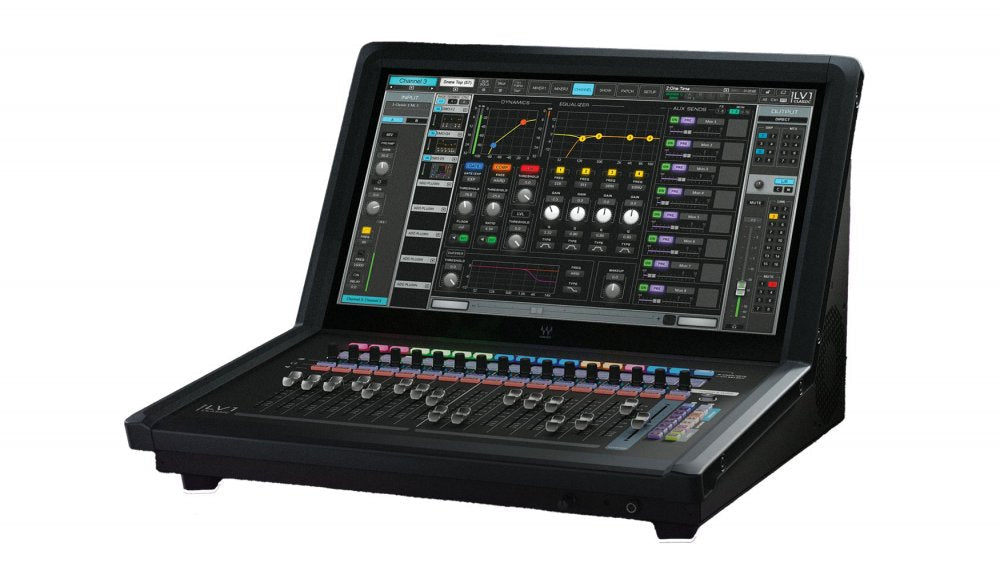 Waves eMotion LV1 Classic compact desktop digital mixing console with an angled 21.5-inch touchscreen above a row of 17 motorized faders, rotary encoders, and toggle switches.
