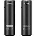 Two black cylindrical devices labeled 'MICROPHONE' and 'RECEIVER' with Sony and Bluetooth logos visible.