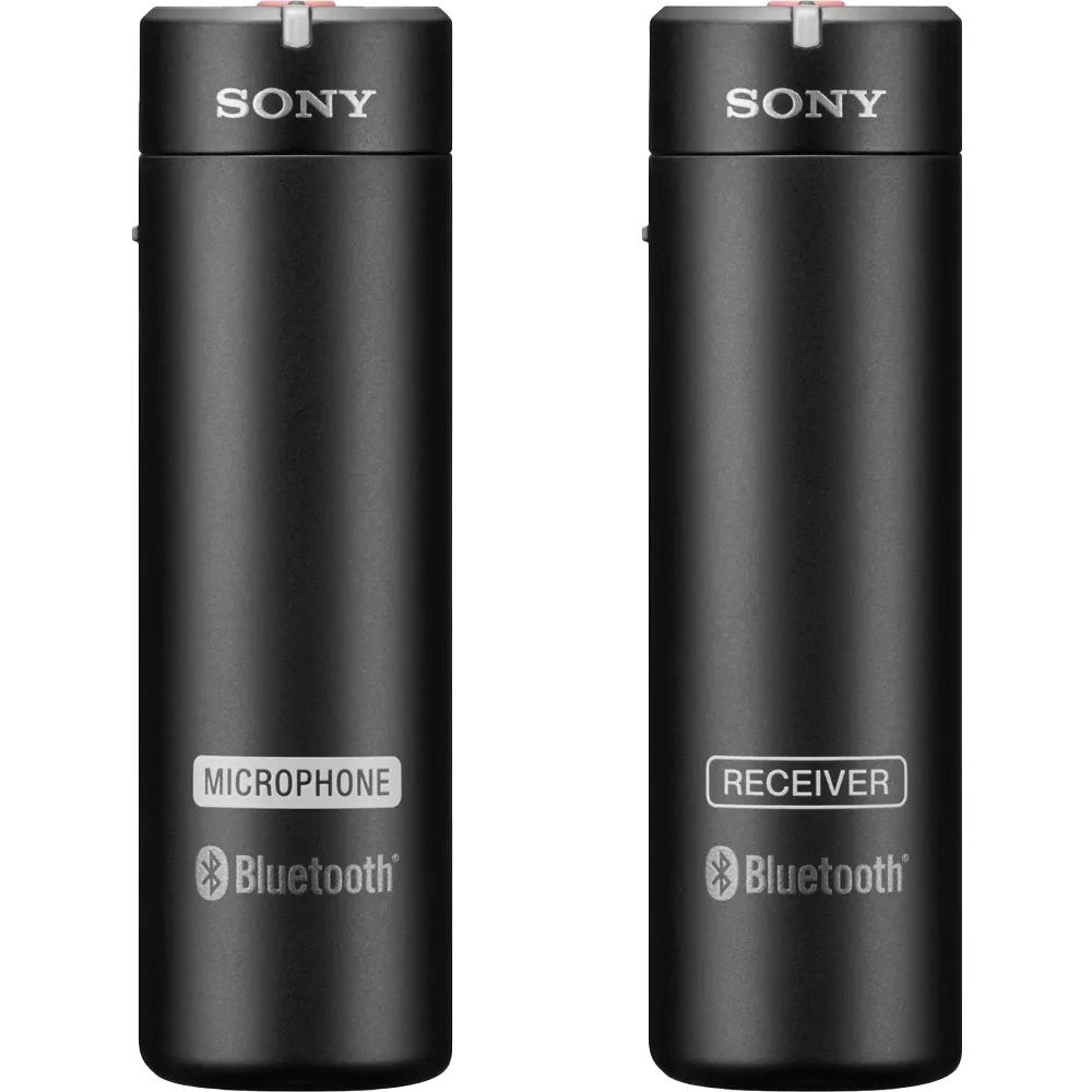 Two black cylindrical devices labeled 'MICROPHONE' and 'RECEIVER' with Sony and Bluetooth logos visible.