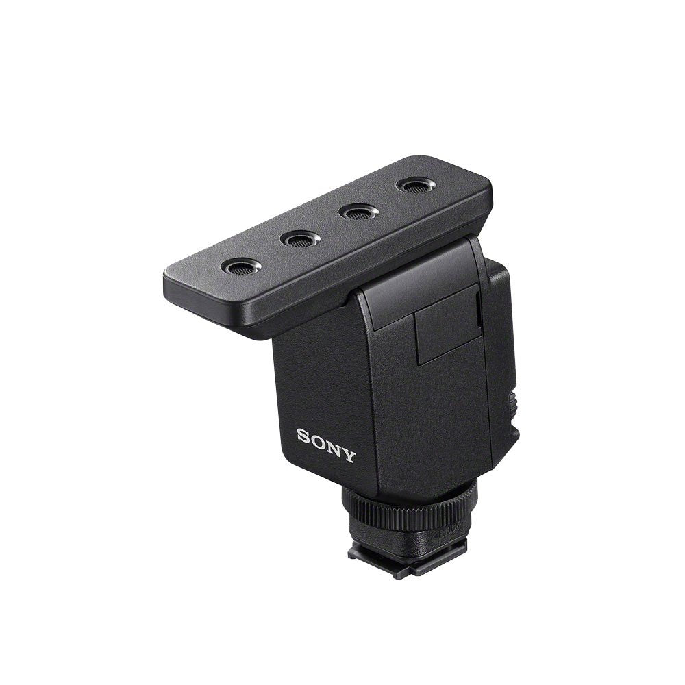 Black compact microphone with four circular openings and Sony logo on the side, mounted on a cold shoe mount.