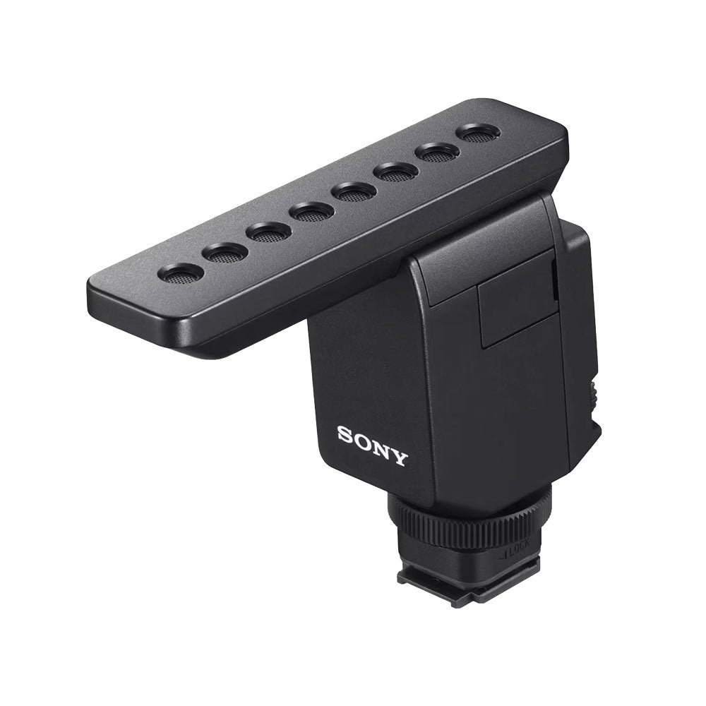 Black Sony microphone with linear array of microphone elements and hot shoe mount.