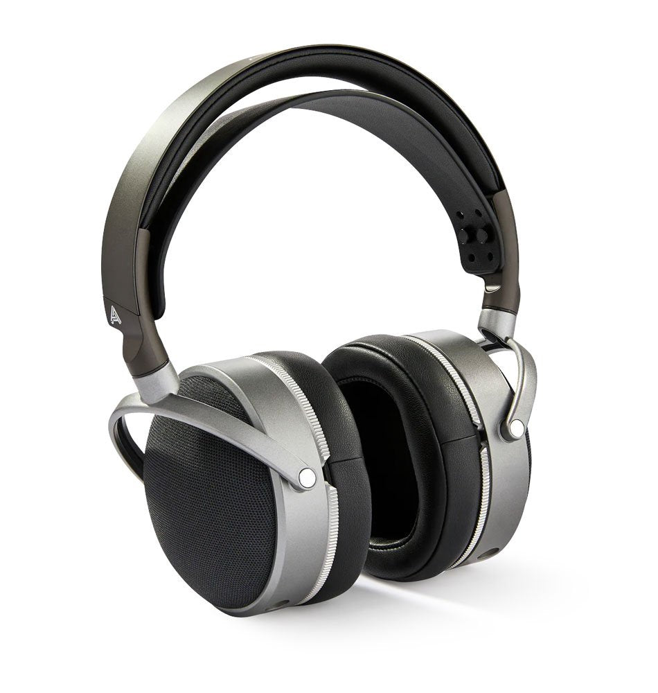 Silver and black over-ear headphones with padded headband and ear cups shown on white background.