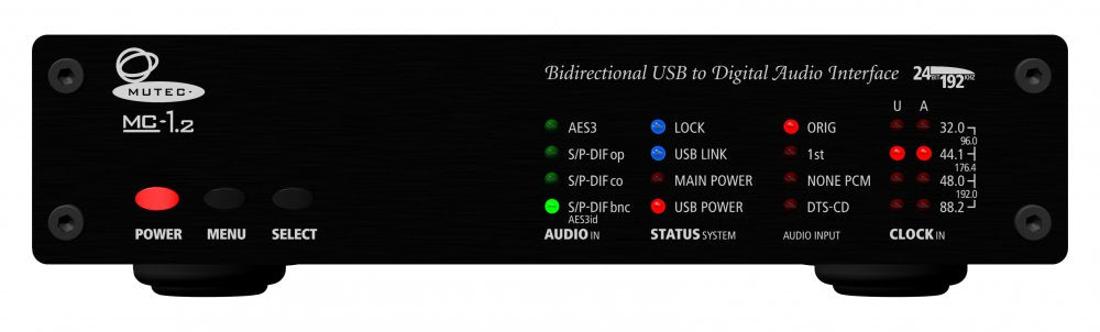 Front panel of a black MUTEC MC-1.2+ audio converter with multiple indicator lights and three control buttons.