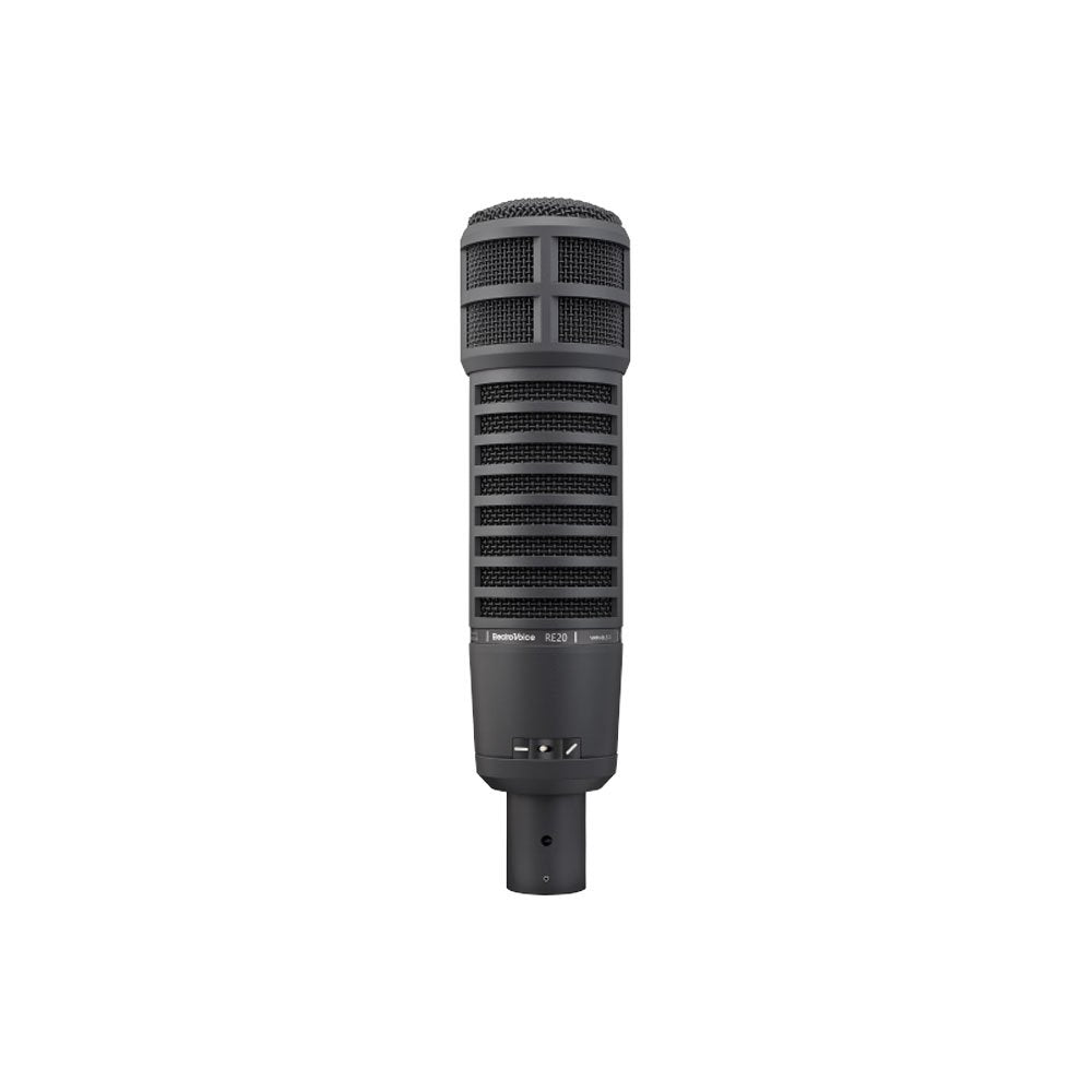 Black cylindrical microphone with grille cover and 3-pin XLR connector at bottom.