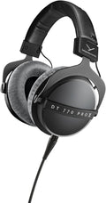 Black over-ear wired headphones with gray ear cushions and text DT 770 PRO X on the ear cup.