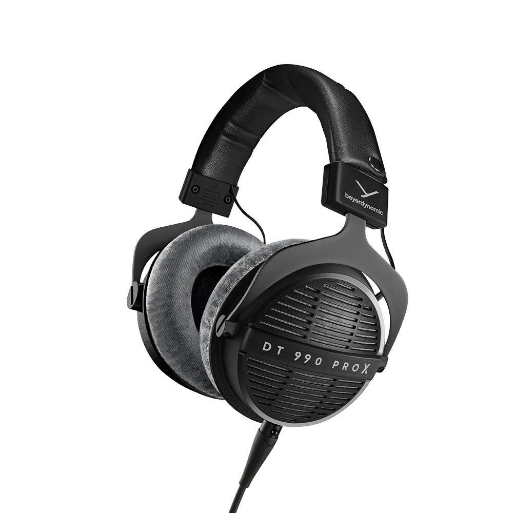 Black and grey over-ear headphones with a wired audio connector and visible 'DT 990 PRO X' branding.