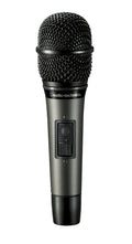 Black and dark gray handheld microphone with a metal mesh grille and an on/off switch on the handle.