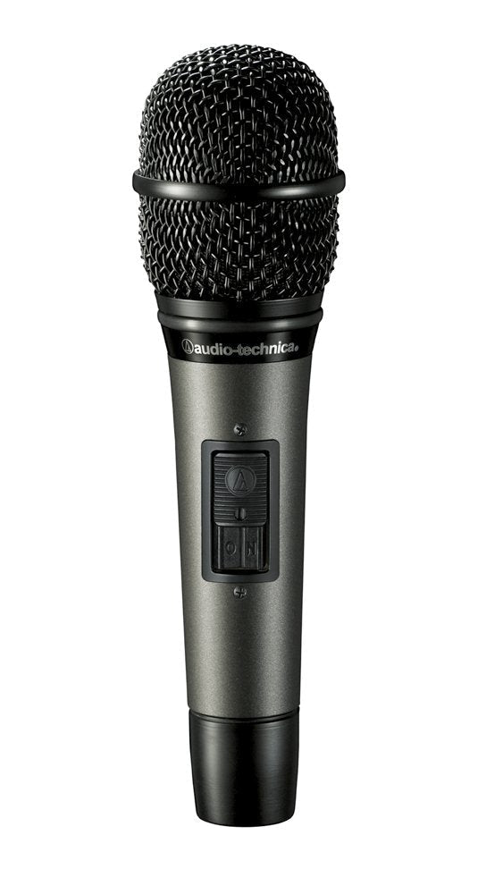 Black and dark gray handheld microphone with a metal mesh grille and an on/off switch on the handle.