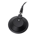 Black round desktop microphone with metal mesh grille and attached XLR cable connector.