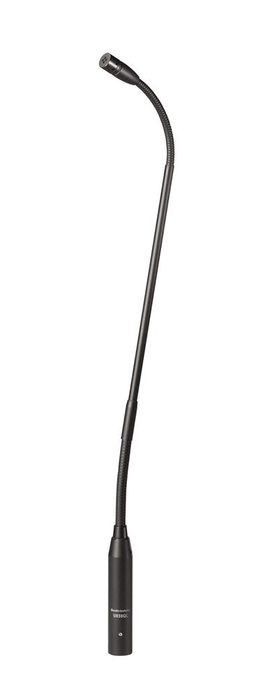 A black microphone with a slim, flexible gooseneck and a cylindrical base labeled Audio-Technica U859QL.