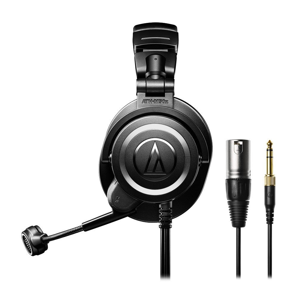 Black over-ear headphones with attached microphone and two cable connectors: XLR and 6.35mm stereo plug.