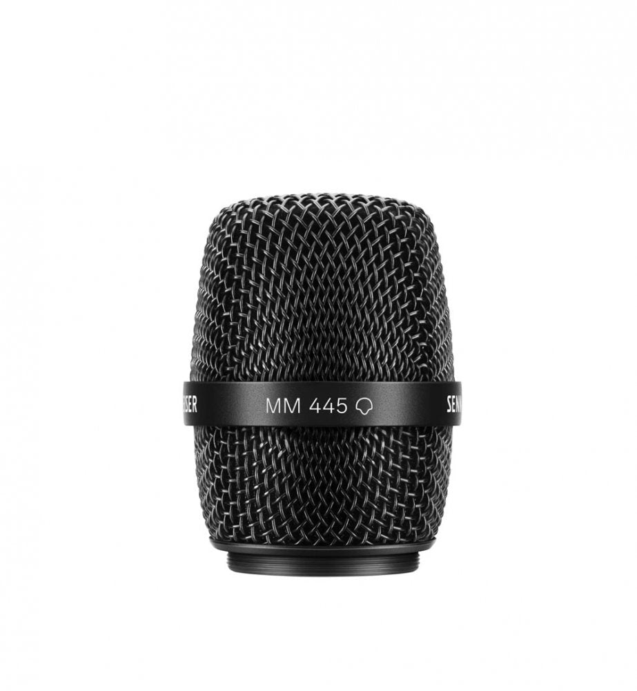 Black metal microphone grille with SENNHEISER branding and MM 445 model number on a ring around it.