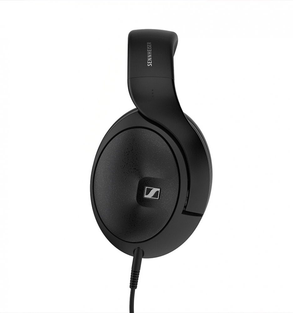 Close-up of a black wired over-ear headphone with SENNHEISER branding.