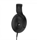 Close-up of a black wired over-ear headphone with SENNHEISER branding.
