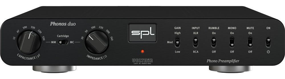 Black SPL Phonos duo phono preamplifier with knobs, toggle switches, and power button on front panel.