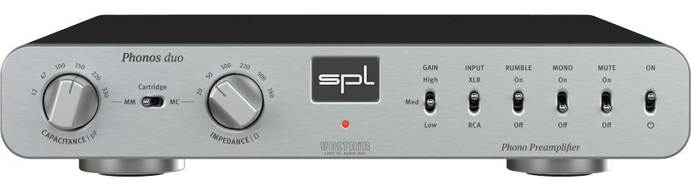 Silver SPL Phonos Duo phono preamplifier unit with control knobs and toggle switches on front panel.