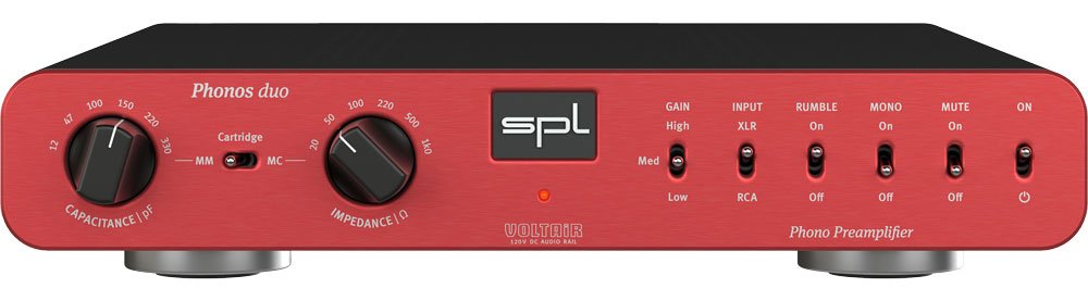 Front view of a red and black audio phono preamplifier with multiple knobs and switches including gain, input type, and mute controls.