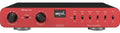 Front view of a red and black audio phono preamplifier with multiple knobs and switches including gain, input type, and mute controls.