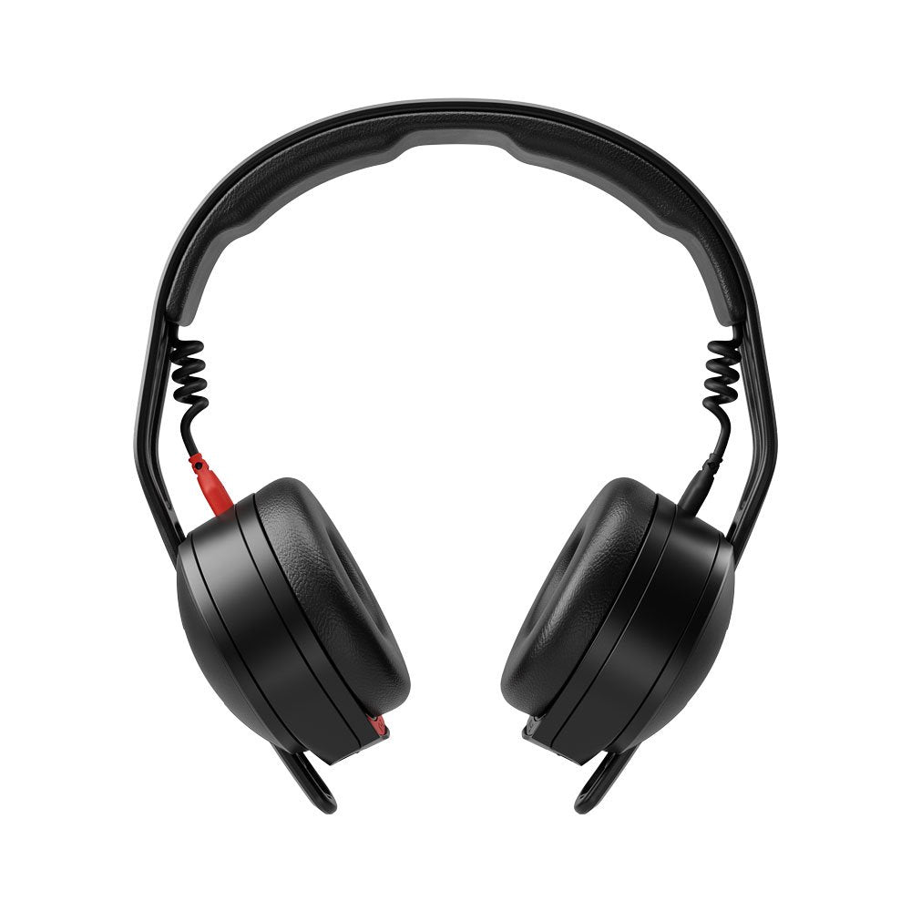 Black over-ear headphones with padded headband and coiled detachable cable with red and black connectors