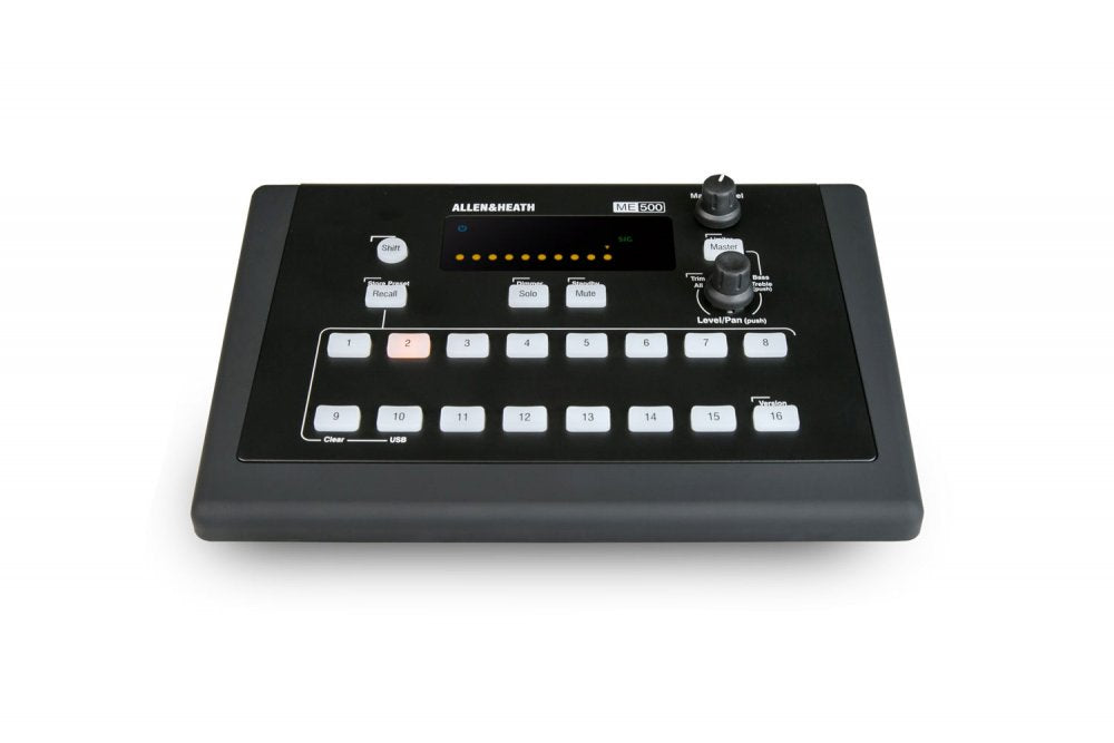 Black Allen & Heath ME 500 device with multiple buttons, knobs, and a display panel.