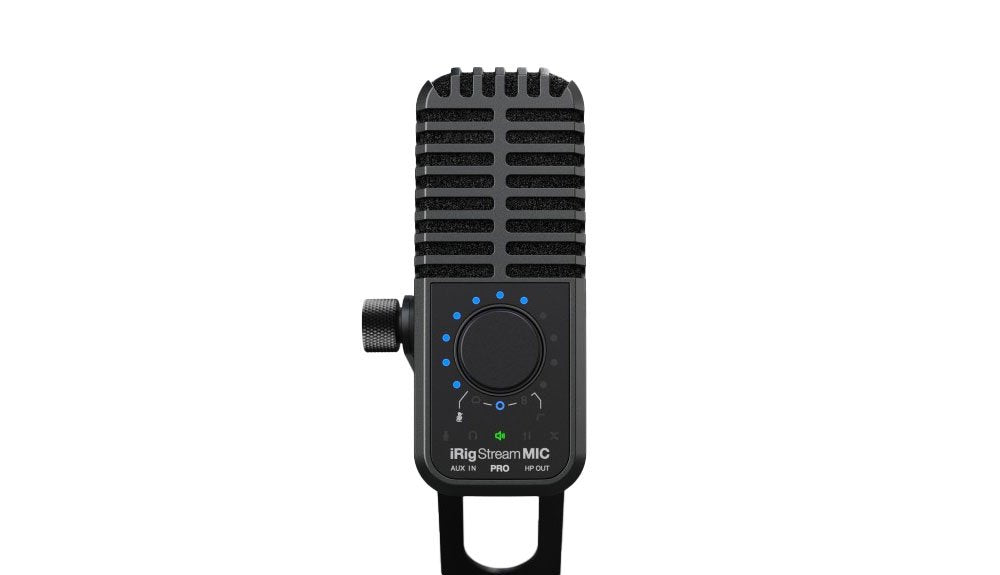 Black rectangular microphone with a rotary dial and blue LED indicators on the front.