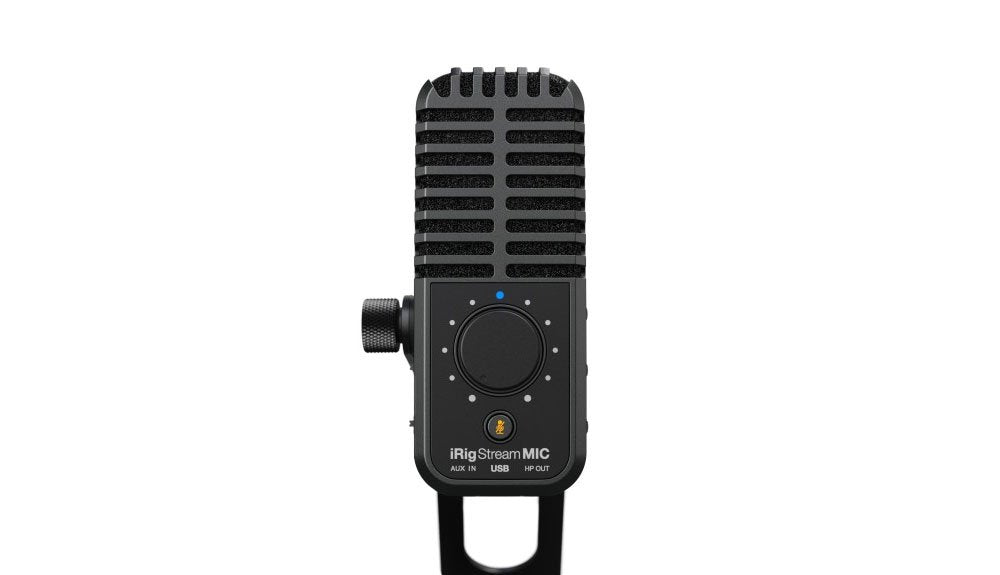Black iRig Stream MIC microphone with grille, rotary knob, and push button on front panel.