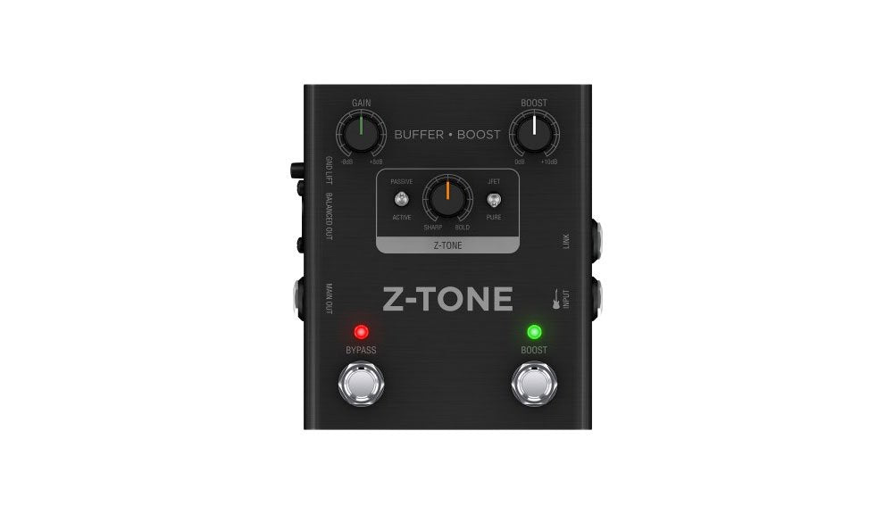 Black guitar pedal with knobs, switches, and two footswitches labeled Z-TONE Buffer Boost.