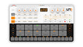Top view of a compact music production device with pads, knobs, buttons, and an LED display reading UNO.